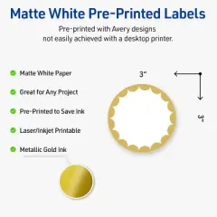 Avery Printable Round Labels, Gold Edge Dots, 3" Diameter, Matte White Round Labels, Permanent, Laser/Inkjet, 60ct, Great for Product Labels