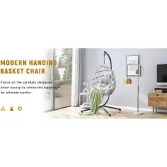 Gulches Gray GRHeavy-Duty Iron Hanging Chair with Wicker Weave &uml;C Single Person Swing for Indoor/Outdoor