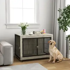 PawHut 39" Dog Crate Furniture, Dog Kennel Furniture End Side Table with Wheels, Interchangeable Side Door, for Large Dogs, Gray