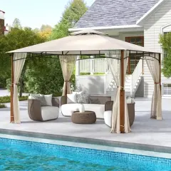 Tangkula 12' x 10' Outdoor Patio Gazebo w/ Netting 2-Tier Canopy Roof Metal Frame