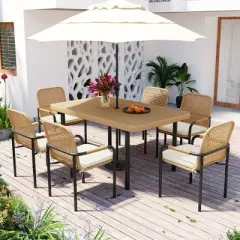 ELJGET 7 Pieces Patio Dining Set, Outdoor Wicker Furniture Set with Umbrella Hole for Backyard, Garden and Poolside, Beige/Oatmeal Cushions