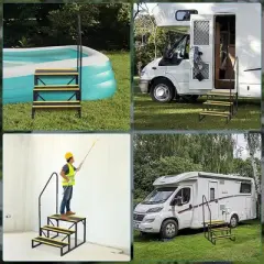 4/3 RV Step Stool with Handrail, Portable Pool Ladder with Non-Skid Tapes, Camper Steps for RV, Mobile Home Stairs Travel Trailers
