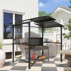 Outsunny 8' x 5' Hardtop Grill Gazebo, Outdoor BBQ Gazebo with Double Metal Roof, 2 Side Shelves and 4 Cup Holders for Patio Backyard Lawn Deck