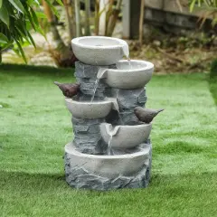 LuxenHome Gray Resin Bowls and Birds Outdoor Fountain