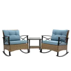 3pcs Outdoor Rattan Chat Furniture Set,  Patio Garden Seating Group Conversation Set with Rocking Chairs and Table -ModernLuxe