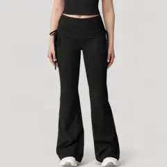 Anna-Kaci Active Women's Drawstring Ruched Waist Flared Leg Pants Stretch Fabric Active Yoga Lounge Bottoms