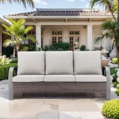 POCASSY Outdoor 75" Outdoor Sofa with Metal Armrest, All Weather Patio Brown Wicker Sofa Outdoor Couch Furniture for Porch, Deck, Garden