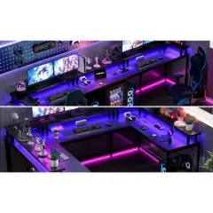 COZONY 78" U/L Shaped Gaming Desk, Reversible Computer Desk with Power Outlets, LED Lights, Monitor Stand & Storage Shelf, Corner Desk for Home Office