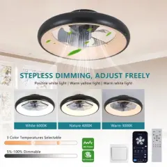 20" Black LED Ceiling Fan Light Dimmable & App/Remote Control, Modern Smart Fan