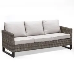 POCASSY 74.4" Outdoor Wicker Couch with Metal Armrest, 3-Seater Couch with Square Armrest Patio Furniture Sofa for Porch Balcony, Gray