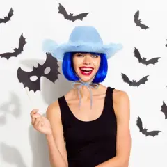 Zodaca Light Blue Cowboy Hat with Feathers for Women, Men, Fluffy Cowgirl Hat for Halloween Costume, Birthday, Bachelorette Party