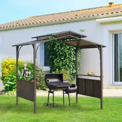 Outsunny 8'x5' BBQ Grill Gazebo with 2 Side Shelves, Outdoor Double Tiered Interlaced Polycarbonate Roof with Steel Frame, Brown