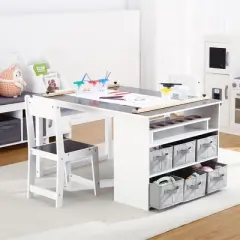 Kids Art Table with Storage Desk, 2 Chairs, and Portable Supply Organizer, Wooden Craft Table for Drawing, Activities, and Study
