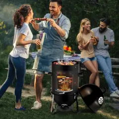 KTMBDW Vertical Steel Charcoal Smoker, Heavy Duty Three Layer Round BBQ Grill Smokey Mountain Cooker for Outdoor Cooking, Black