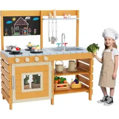 Kids Wooden Play Kitchen Playset,in&pound;&brvbar;Outdoor Toy Mud Kitchen Pretend Play Set with Chalkboard/Storage/stoves,for Toddlers 3+ Years Old,Orange