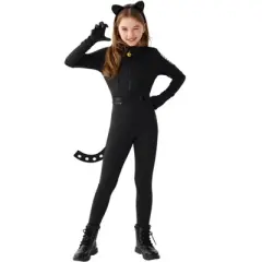 Joyfy Black Cat Halloween Costume Outfits for Girls, Kids Cat Outfit Set with Tail, Child Halloween Bodysuit Costume for Cosplay Dress Up Party