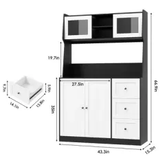 67" Tall Kitchen Hutch Storage Cabinet, Farmhosue Coffee Bar Cabinet with 3 Drawers and LED Lights, Freestanding Food Pantry Cabinet with Countertop