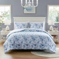Intelligent Design Full/Queen Design Lena Floral Striped Duvet Cover Set Blue: Microfiber Bedding with 2 Shams