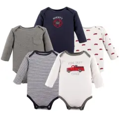 Hudson Baby Infant Boy Cotton Long-Sleeve Bodysuits 5pk, Fire Truck