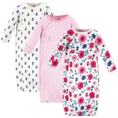 Touched by Nature Baby Girl Organic Cotton Zipper Long-Sleeve Gowns 3pk, Garden Floral