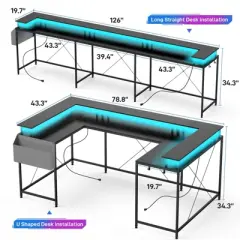 U Shaped Desk, 126 Inch Gaming Desk with Monitor Stand and LED Lights, Reversible Shaped Large Computer Desk with Power Outlets