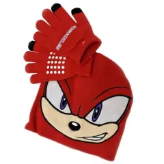 Sonic The Hedgehog Knuckles Hat And Gloves Kids Red 3D Ears Knitted Beanie