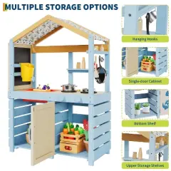 Mud Kitchen for Kids Outdoor Wooden Pretend Play Kitchen Set with See-Through Planter Box, Removable Sink & Faucet, Chalkboard, Storage Shelves