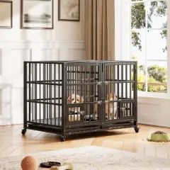 Heavy Duty Dog Crate - Steel Escape-Proof Kennel with Divider & Wheels, Double Door Pet Cage for Large/Medium Dogs