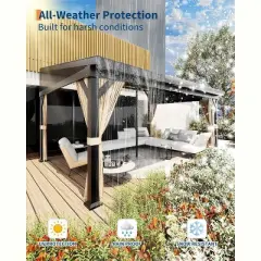 12'x16' Hardtop Gazebo with Netting & Curtains - Wall-Mounted Aluminum Pergola, Galvanized Steel Roof, Gutters - Weatherproof for Patio, Deck