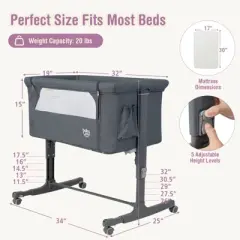 Infans 3-in-1 Baby Bassinet Beside Crib with 5-Level Adjustable Heights Grey