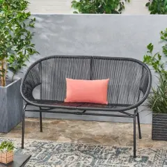 Outdoor Patio Rattan Loveseat,Modern Hammock Weave Loveseat with Metal Frame,PE Rattan Loveseat Bench for Garden or Deck-Coolbibila