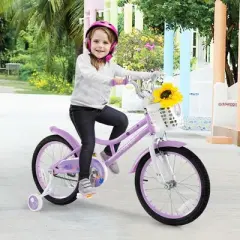 Costway Girl Bike with Basket Detachable Training Wheels Adjustable Seat Handbrake Coaster Brake Purple