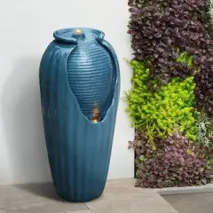 31.89" Glazed Vase Outdoor Floor Fountain with LED Light - Blue - Teamson Home
