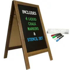 Excello Global Products 40" x 20" Wooden A-Frame Chalkboard Sign / 4 Liquid Chalk Markers & Stencil Set, Rustic