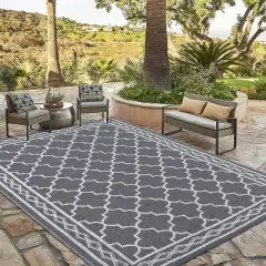 5x8 FT Waterproof Outdoor Plastic Straw Rug for Patio Reversible Portable Plastic Straw Rug, for Porch, Backyard, Balcony, Grey/White
