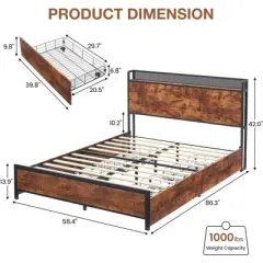 Full Queen Bed Frame with Storage Drawers and Charging Station, LED Light Bed with Storage Headboard, Platform Bed with Strong Wood Slats Support