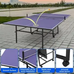 Table Tennis Table, Folding Rolling , Standard Size Indoor Ping Pong Table with Net, 4 Wheels, Single Player Playback Mode, Fold-Up Design