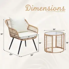 Ainfox 3 PCS Wicker Sofa Patio Bistro Set, Patio Furniture with Glass Top Table and Cushions