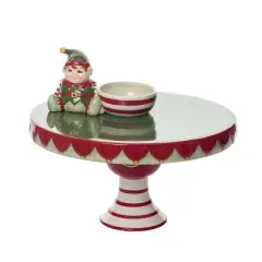 Transpac 12.25 in Holiday Santa Elf Pedestal Dip Bowl Set of 2 Serving Trays Dolomite Christmas Decor