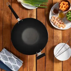 Joyce Chen Professional Series 14" Carbon Steel Excalibur Nonstick Flat Bottom Wok with Phenlic Handles - Silver