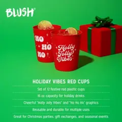 Blush Holiday Vibes Red Plastic Cups, Disposable Cups for Serving Cocktails, Eggnog, Beer, Wine, Mocktails, Soda, Juice, Party Cups, 16 oz, Set of 12