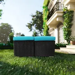 FIONECA All-Weather Outdoor Ottoman with Storage &uml;C PE Wicker Patio Footstool, Blue