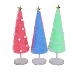 Transpac 11.0 Inch Fabric Punch Needle Tree Set Christmas Decorative Tree Set , Christmas Decor Fabric Wrapped Cone Wooden Base (3PC)