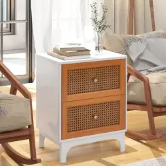 Costway 1/2 PCS Rattan Nightstand with Storage Wood End Sofa Side Table with 2 drawers Wood Legs