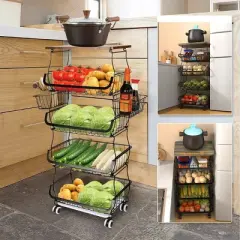 FURNIinspire Kitchen Holder Metal Baskets with Wheels Stackable Storage Organizer for Dining Room Bathroom Fruit Cart, Black, 15.99"*12.09"*6.63"