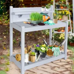 EAGLE PEAK Outdoor Indoor Maintenance Free Vinyl Garden Potting Bench, Waterproof Potting Table with Open Shelf, Lower Storage, Gray