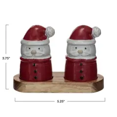 Storied Home Stoneware Santa Shaped Salt and Pepper Shakers on an Acacia Wood Tray, Red, White and Natural