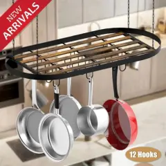 DOMETOUR Hanging Pot Rack Ceiling Mount Cookware Organizer with 12pcs Hooks Pots and Pans Storage 33' Oval Pan Hangers for Kitchen, Black