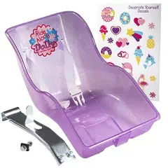 SCS Direct Doll Bike Seat (Purple Glitter) with Decorate Yourself Decals - Fits Virtually All Kids Bikes Easily - for American Girl and 18" Dolls and Stuffed Animals