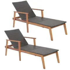 Costway 2PCS Patio Rattan Chaise Lounge Chair Recliner Back Adjustable Acacia Wood